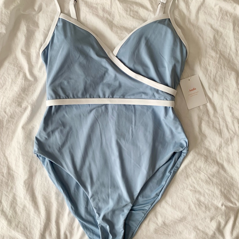 Andie Light Blue One-Piece Swimsuit with White Trim